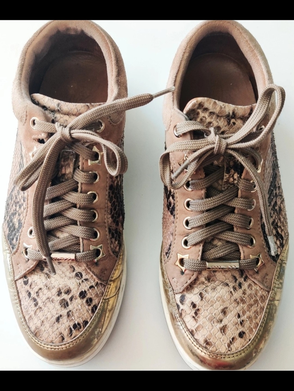 Jimmy Choo Beige Python Embossed Womens 6 Leather and  Suede Miami Sneakers